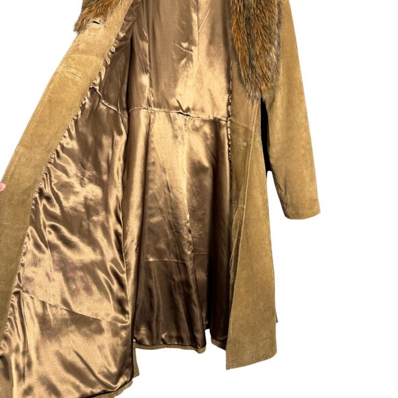 Vintage Tan Suede Leather Coat Faux Fur Collar Penny Lane Jacket Boho, 70s - Picture 6 of 8